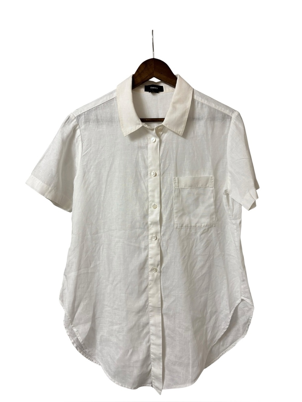 Theory white linen button down short sleeve curved drop tail hem minimal shirt S